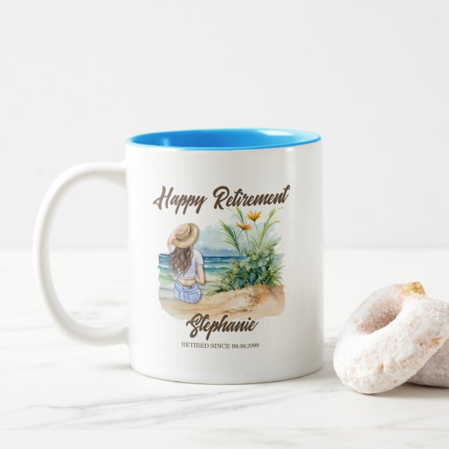 Women's Retirement Beach Theme Elegant Woman Two-Tone Coffee Mug (With Donut)