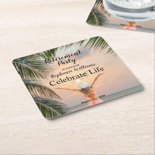 Women's Retirement Beach Themed Sunset Palm Tree   Square Paper Coaster