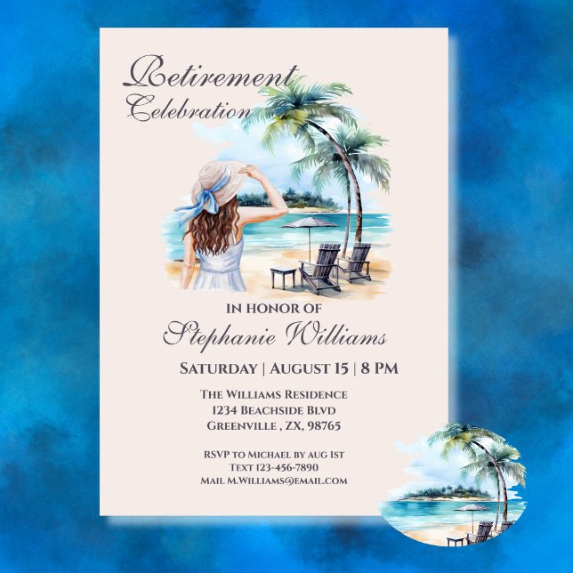Women's Retirement Beach Themed Watercolor Invitation (Creator Uploaded)