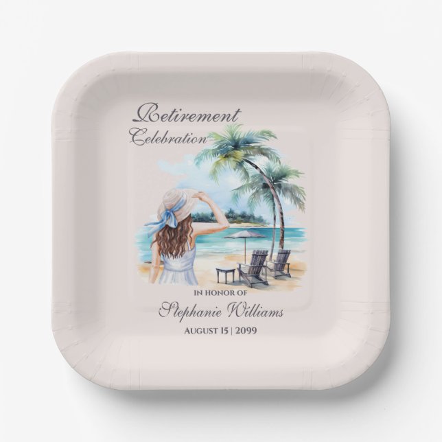 Women's Retirement Beach Themed Watercolor Paper Plate (Front)