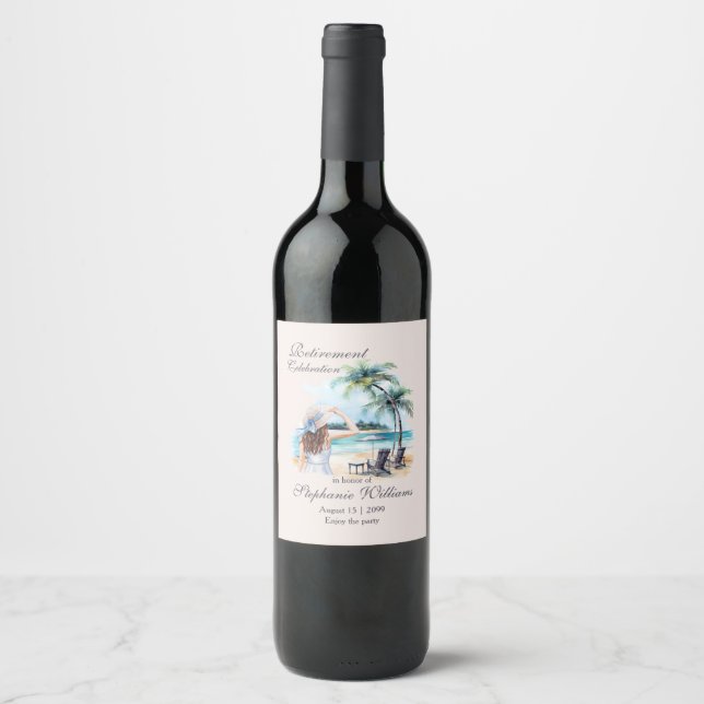 Women's Retirement Beach Themed Watercolor Wine Label (Front)