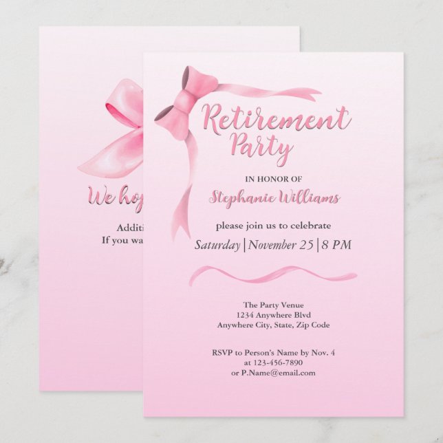 women's retirement elegant pink bow party invitation (Front/Back)