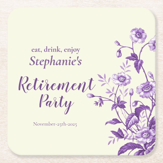 Women's Retirement Party Lavender Wildflower  Square Paper Coaster (Front)