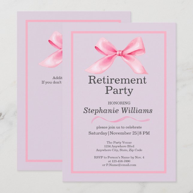 Women's Retirement Party Modern Elegant Pink Bow  Invitation (Front/Back)