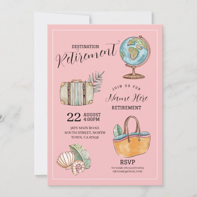 Women's Retirement Travel Party Suitcase Pink Invitation (Front)