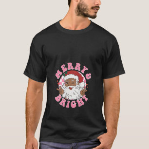 Womens Retro African American Santa Pink Christmas T-Shirt