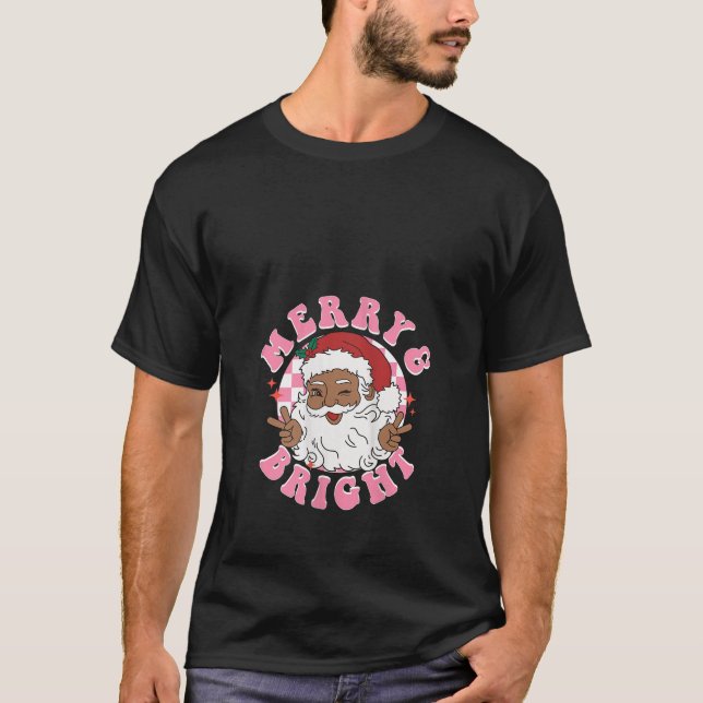 Womens Retro African American Santa Pink Christmas T-Shirt (Front)