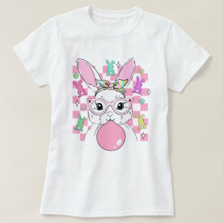 Womens Retro Chequered Pink Easter Bunny T-Shirt