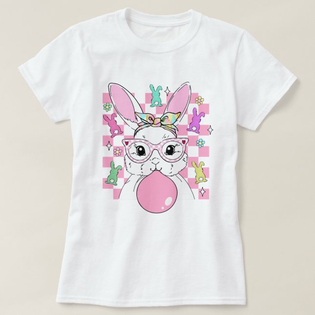 Womens Retro Chequered Pink Easter Bunny T-Shirt (Design Front)