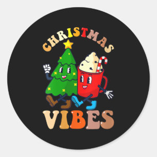 Womens Retro Groovy Christmas Vibes Cute Pine Tree Classic Round Sticker