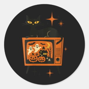 Womens Retro Halloween Black Cat Tv Ghost Pumpkin Classic Round Sticker