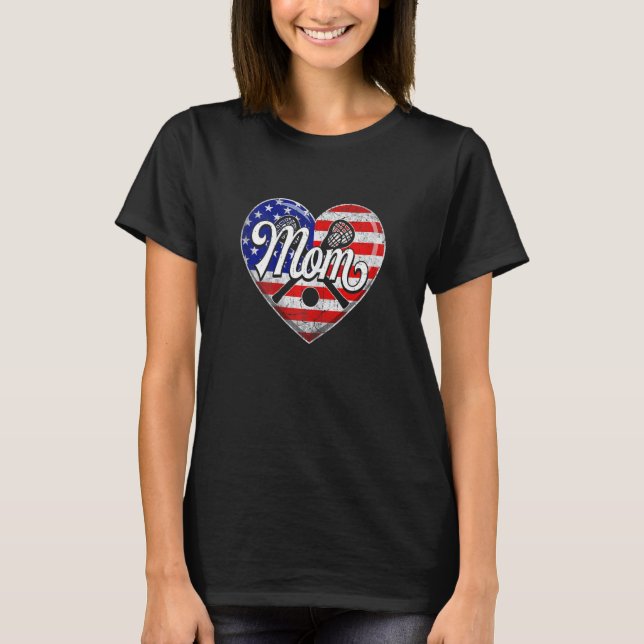 Womens Retro Usa Flag Heart Lacrosse Mum Mother's  T-Shirt (Front)