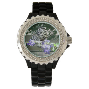 Women's Rhinestone Black Watch With Butterfly
