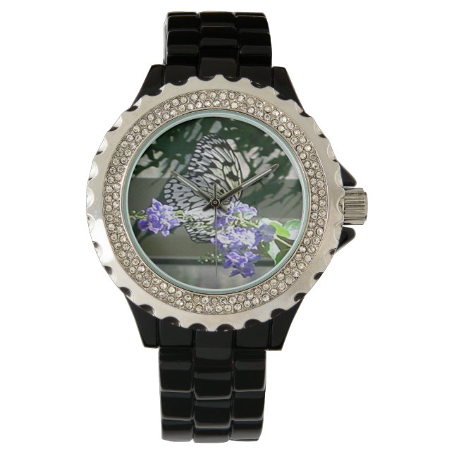 Women's Rhinestone Black Watch With Butterfly (Front)