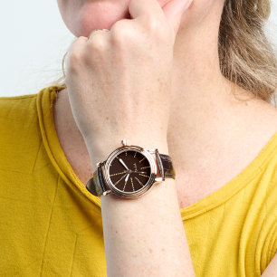 Womens Rose Gold Monogrammed Brown Leather Strap Watch