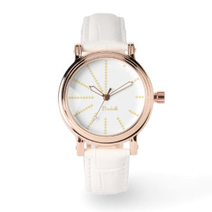Womens Rose Gold Monogrammed White Leather Strap Watch