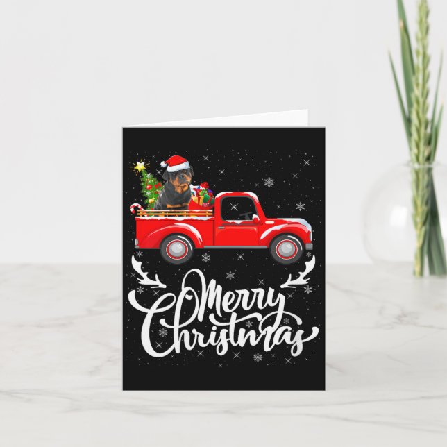 Womens Rottweiler Dog On Christmas Tree Red Truck  Card (Front)