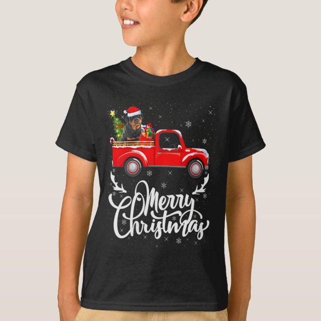Womens Rottweiler Dog On Christmas Tree Red Truck  T-Shirt (Front)