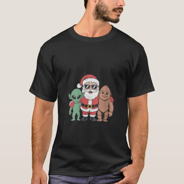 Womens Santa Bigfoot Alien Christmas Distressed V  T-Shirt (Front)