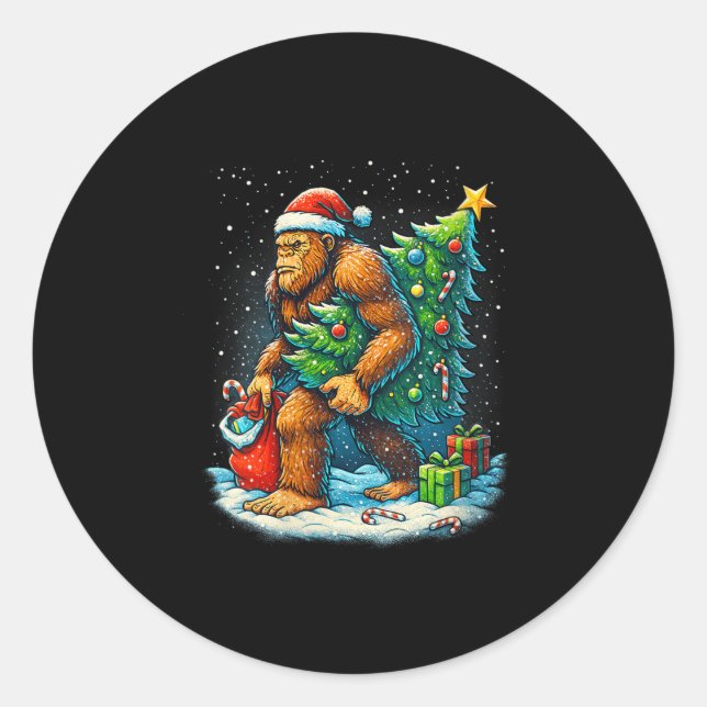 Womens Santa Bigfoot Christmas Tree Sasquatch Xmas Classic Round Sticker (Front)
