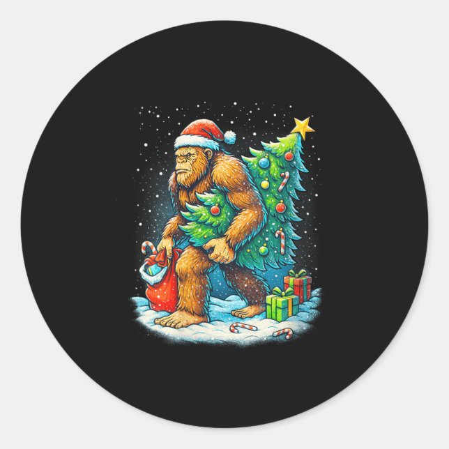 Womens Santa Bigfoot Christmas Tree Sasquatch Xmas Classic Round Sticker (Front)