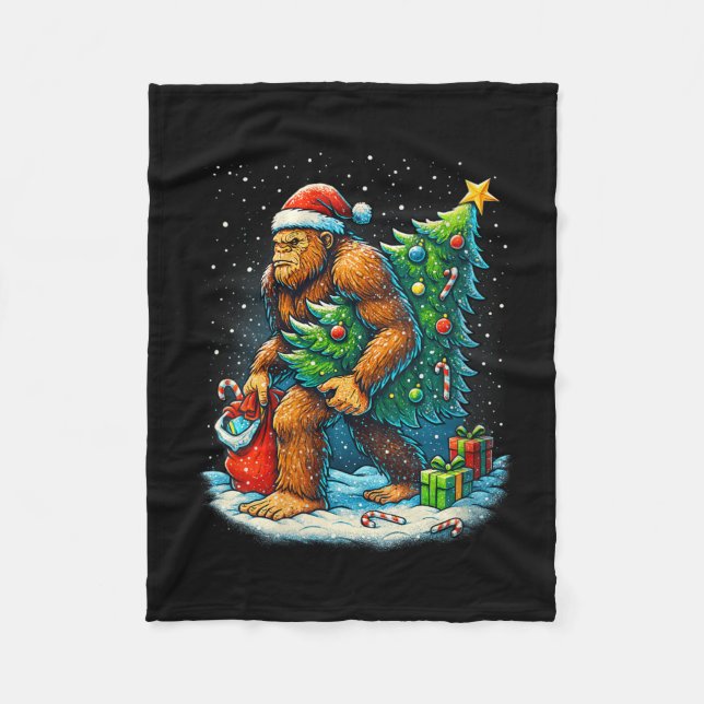 Womens Santa Bigfoot Christmas Tree Sasquatch Xmas Fleece Blanket (Front)