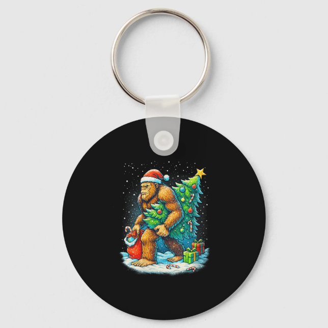 Womens Santa Bigfoot Christmas Tree Sasquatch Xmas Key Ring (Front)