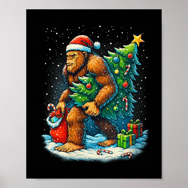 Womens Santa Bigfoot Christmas Tree Sasquatch Xmas Poster (Front)