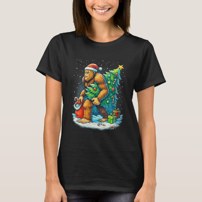 Womens Santa Bigfoot Christmas Tree Sasquatch Xmas T-Shirt (Front)