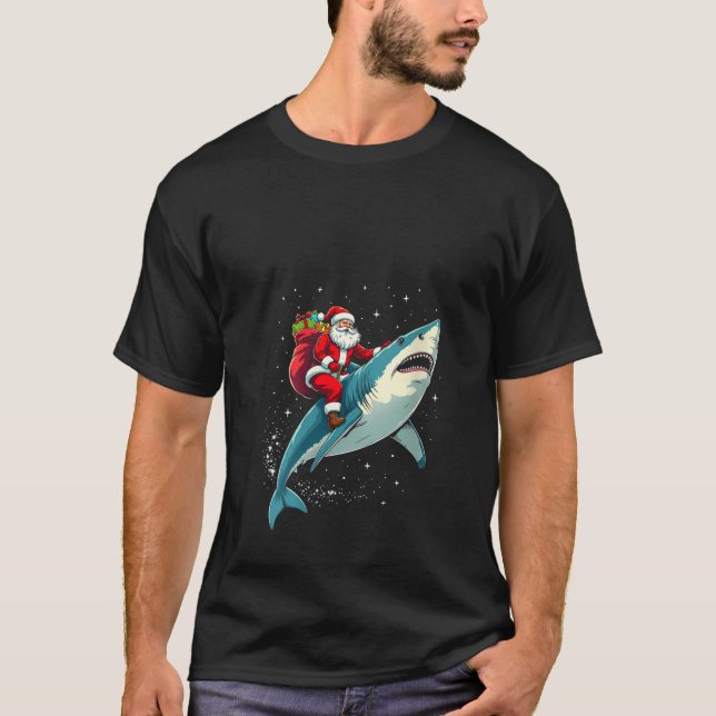 Womens Santa Claus Riding Shark Men Boys Funny Chr T-Shirt (Front)