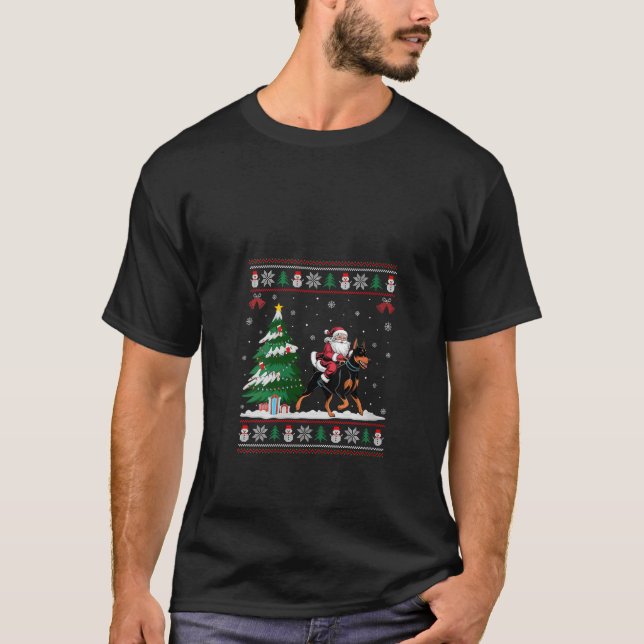 Womens Santa Riding Doberman Pinscher Dog Tree Lig T-Shirt (Front)