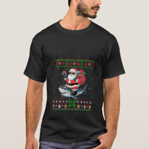Womens Santa Riding Shark Christmas Lights Ugly Xm T-Shirt