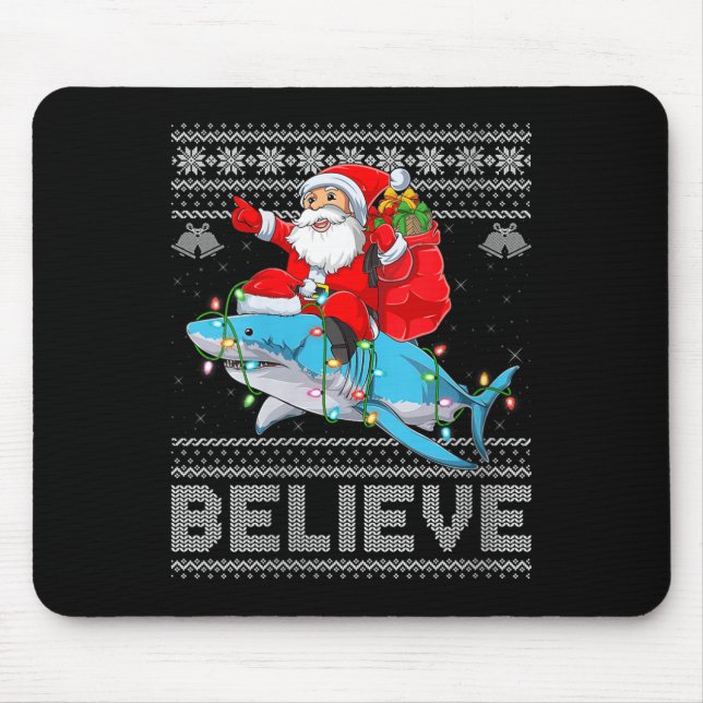Womens Santa Riding Shark Ugly Christmas Sweater B Mouse Mat (Front)