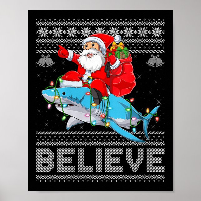 Womens Santa Riding Shark Ugly Christmas Sweater B Poster (Front)