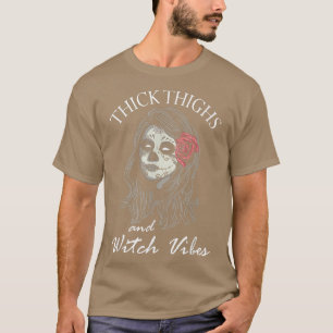 Womens Scary Halloween design broom thick thighs w T-Shirt