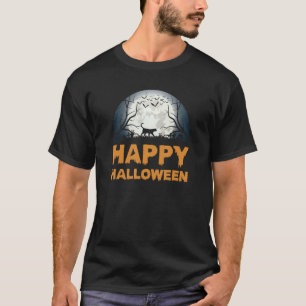 Womens Scary Halloween Moon Cat Design T-Shirt