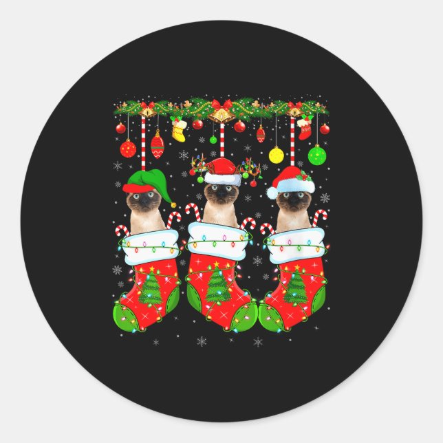 Womens Siamese Cats In Christmas Socks Funny Cat X Classic Round Sticker (Front)