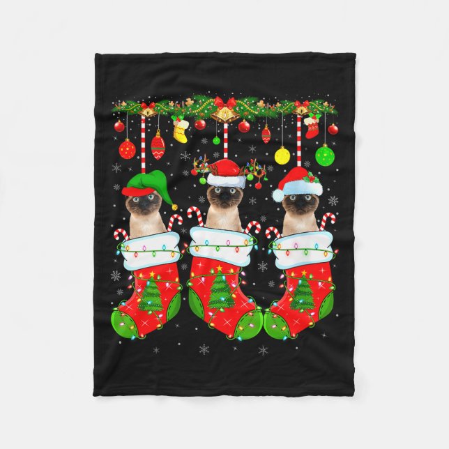 Womens Siamese Cats In Christmas Socks Funny Cat X Fleece Blanket (Front)