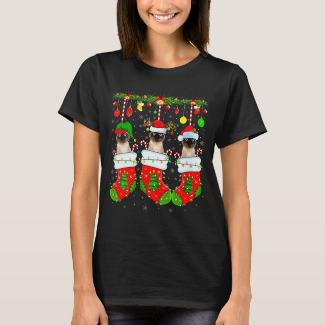 Womens Siamese Cats In Christmas Socks Funny Cat X T-Shirt (Front)