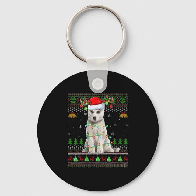 Womens Siberian Husky Dog Ugly Christmas Sweater H Key Ring (Front)