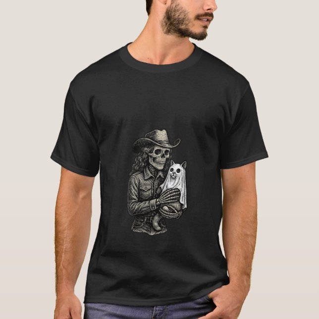 Womens Skeleton Cowgirl Ghost Cat Cowboy Western G T-Shirt (Front)