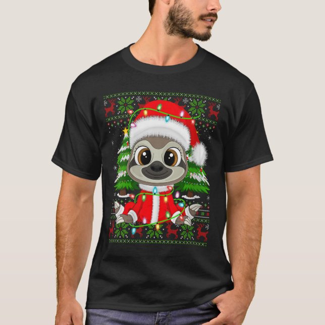 Womens Sloth Christmas Lights Santa Costume Ugly X T-Shirt (Front)