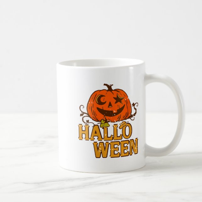 Womens Smiling Pumpkin Moon Star Eyes Halloween Hu Coffee Mug (Right)
