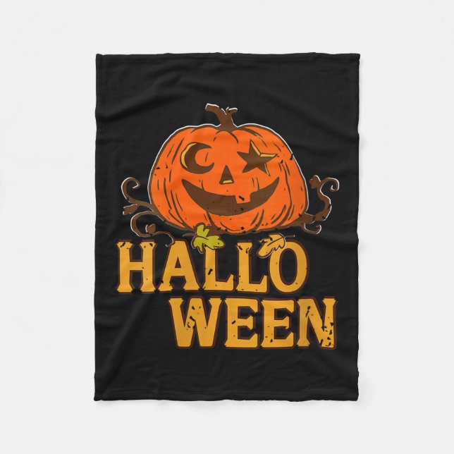 Womens Smiling Pumpkin Moon Star Eyes Halloween Hu Fleece Blanket (Front)