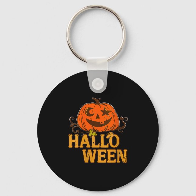 Womens Smiling Pumpkin Moon Star Eyes Halloween Hu Key Ring (Front)