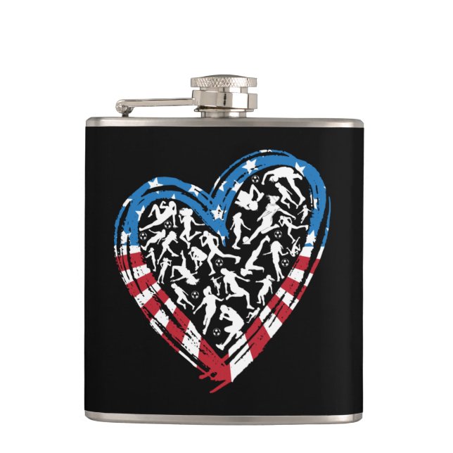 Women's Soccer Heart - USA American Flag Hip Flask (Front)