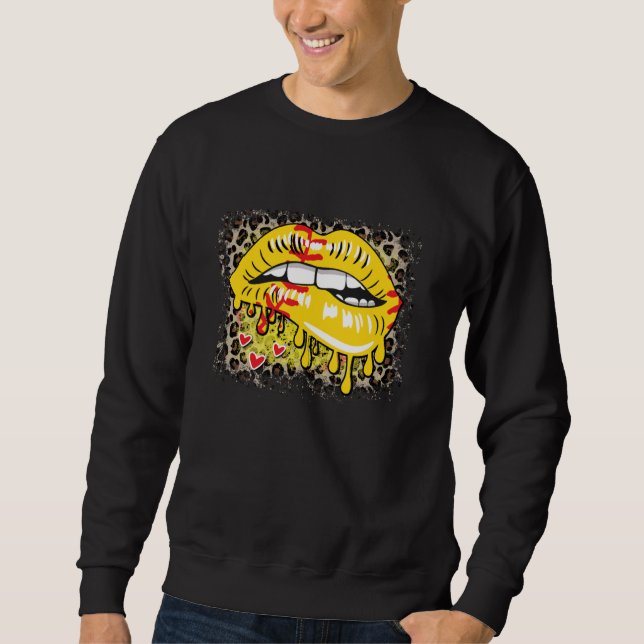 Womens Softball Baseball Game Day Leopard Lips Hea Sweatshirt (Front)