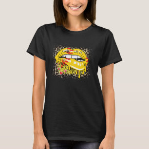 Womens Softball Baseball Game Day Leopard Lips Hea T-Shirt