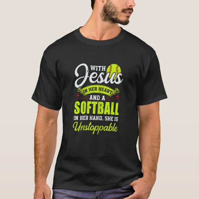 Womens Softball With Jesus And A Softball She Is U T-Shirt (Front)