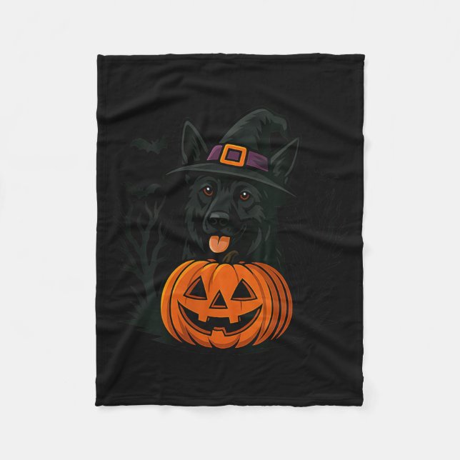 Womens Spooky Black German Shepherd Witch Hat Fleece Blanket (Front)